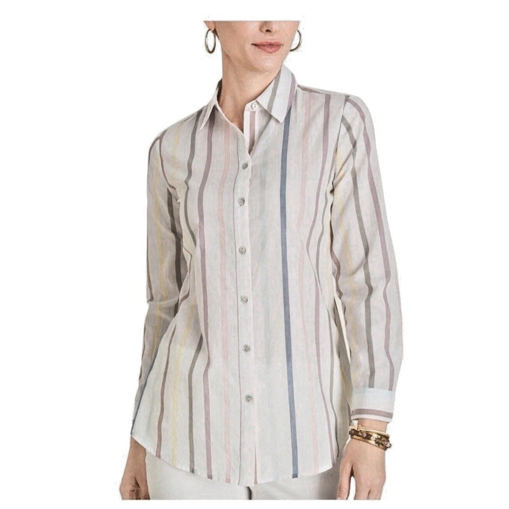 Chico's XL Blouse Button‎ Down Shirt Womens Striped White Long Sleeve Cotton